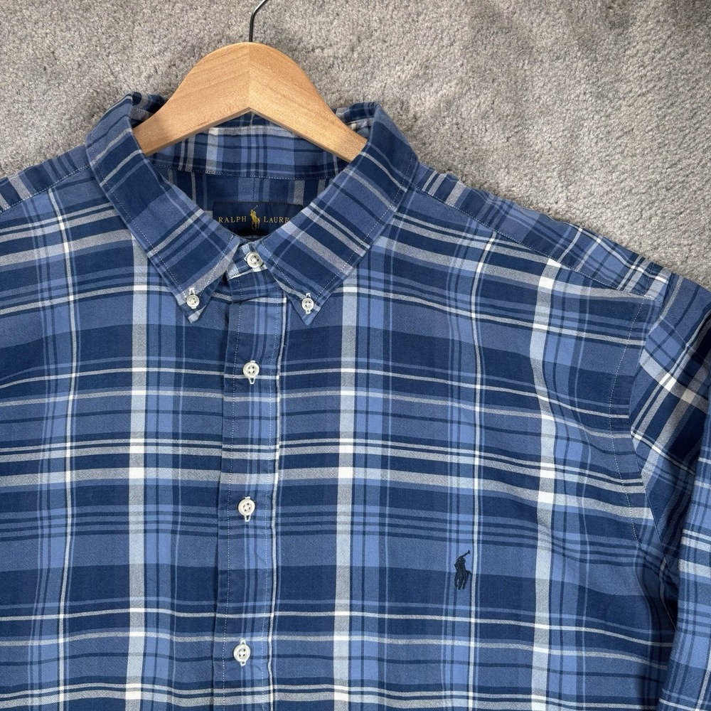Polo Ralph Lauren Shirt Mens 3XB Indigo Oxford Blue Plaid Long Sleeve Logo OCBD